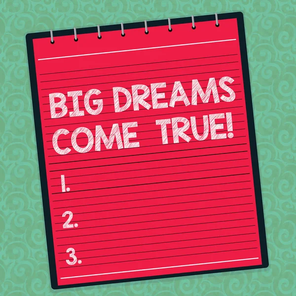 Word writing text Big Dreams Come True. Business concept for Great wishes can become reality stay motivated Lined Spiral Top Color Notepad photo on Watermark Printed Background.