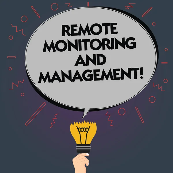 Word writing text Remote Monitoring And Management. Business concept for Long distance monitor data analysisager Blank Oval Color Speech Bubble Above a Broken Bulb with Failed Idea icon.