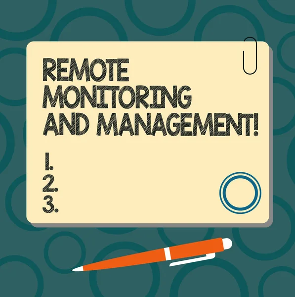 Text sign showing Remote Monitoring And Management. Conceptual photo Long distance monitor data analysisager Blank Square Color Board with Magnet Click Ballpoint Pen Pushpin and Clip. — Stock Photo, Image