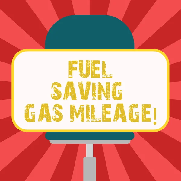 Conceptual hand writing showing Fuel Saving Gas Mileage. Business photo showcasing Expending less money in vehicle expenses gas savings Blank Rectangular Shape Sticker Sitting on a Swivel Chair.