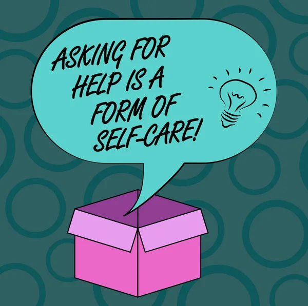 Writing note showing Asking For Help Is A Form Of Self Care. Business photo showcasing Be open to ask for support in others Idea icon Inside Blank Halftone Speech Bubble Over an Open Carton Box.