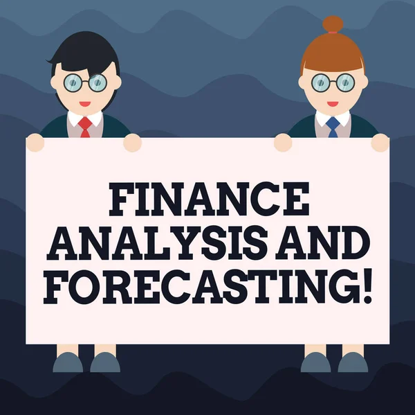 Uwaga: pisanie Wyświetlono finansów analizę i prognozowania. Biznesowe zdjęcie prezentujący finansowych analysisagement strategii biznesowych, mężczyzna i kobieta w jednolite Holding afisz transparent tekst przestrzeni. — Zdjęcie stockowe