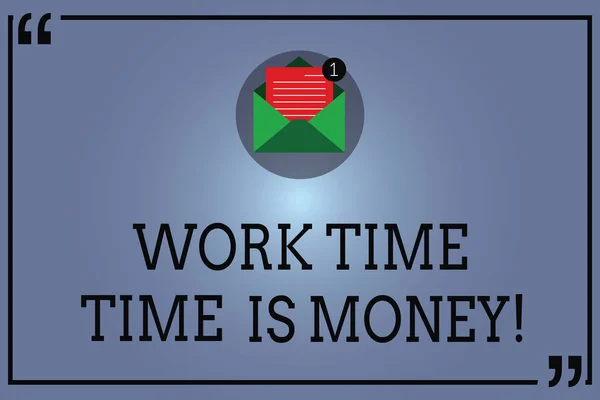 Text sign showing Work Time Time Is Money. Conceptual photo Be fast to accomplish more work efficiently Open Envelope with Paper New Email Message inside Quotation Mark Outline.