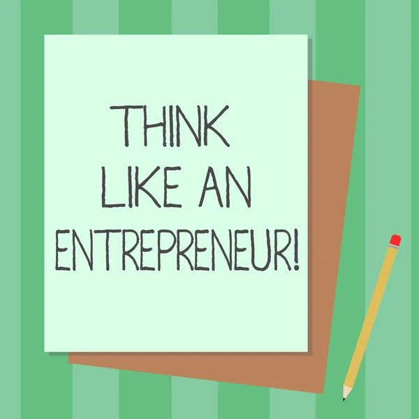 Escritura a mano conceptual que muestra Think Like An Entrepreneur. Texto de la foto de negocios Tener una mente emprendedora Estrategia de inicio Pila de diferentes colores pastel Construir papel de enlace Lápiz . — Foto de Stock