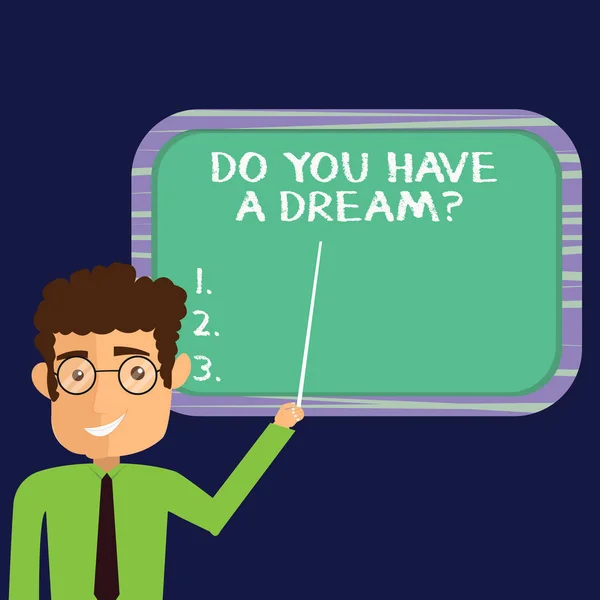 手書きテキストを行うことがある A Dreamquestion。教えてください何かあなたの目標と期待を意味概念が男立って保持棒を指す壁マウント ブランク カラー ボードです。. — ストック写真