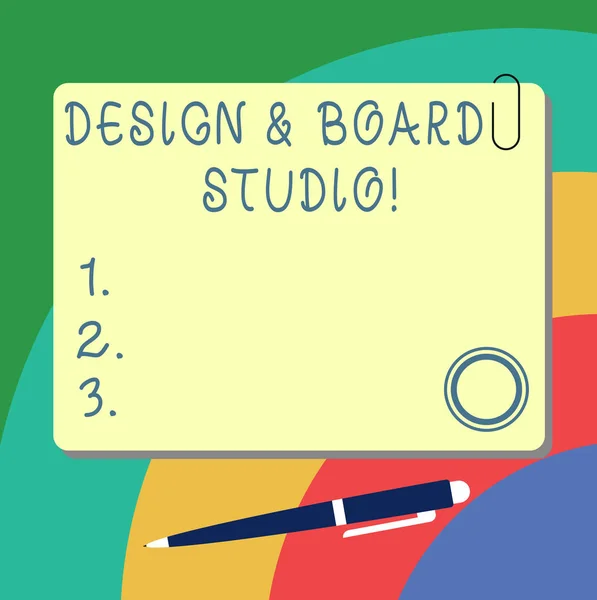 Handwriting text writing Design And Board Studio. Concept meaning Modern designing space professional office Blank Square Color Board with Magnet Click Ballpoint Pen Pushpin and Clip.