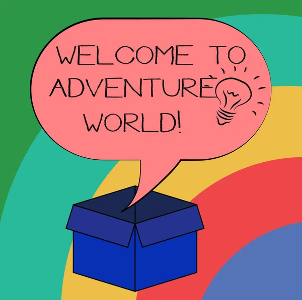 Conceptuele hand schrijven weergegeven: Welcome To Adventure World. Zakelijke foto tekst plezier reizen verkennen van nieuwe plaatst toerisme idee pictogram in lege Halftone toespraak Bubble Over kartonnen doos. — Stockfoto
