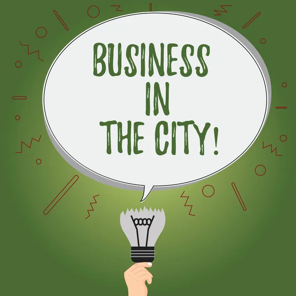 Writing note showing Business In The City. Business photo showcasing Urban companies Professional offices in cities Oval Speech Bubble Above a Broken Bulb with Failed Idea icon.