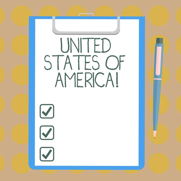 Word writing text United States Of America. Business concept for Country in the north Capital Washington DC Blank Sheet of Bond Paper on Clipboard with Click Ballpoint Pen Text Space. — Stock Photo, Image