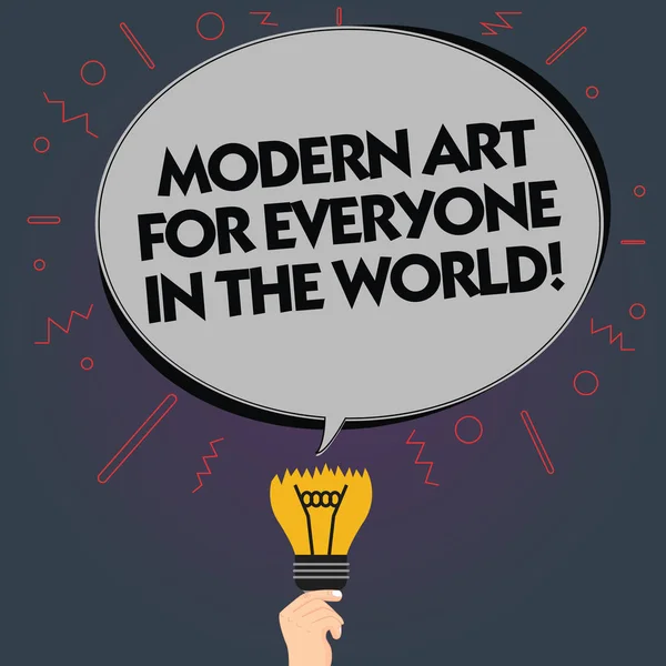 Word writing text Modern Art For Everyone In The World. Business concept for Spread creativity to other showing Blank Oval Color Speech Bubble Above a Broken Bulb with Failed Idea icon.