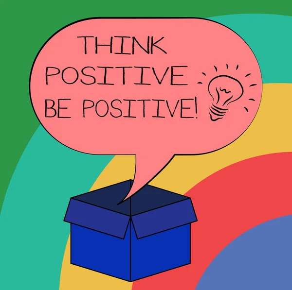 Conceptuele hand schrijven denk positief worden positieve tonen. Zakelijke foto tekst hebben altijd motivatie houding positivisme idee pictogram in lege Halftone toespraak Bubble Over kartonnen doos. — Stockfoto