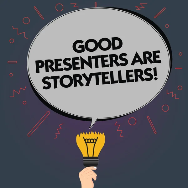 Word writing text Good Presenters Are Storytellers. Business concept for Great communicators tell excellent stories Blank Oval Color Speech Bubble Above a Broken Bulb with Failed Idea icon.