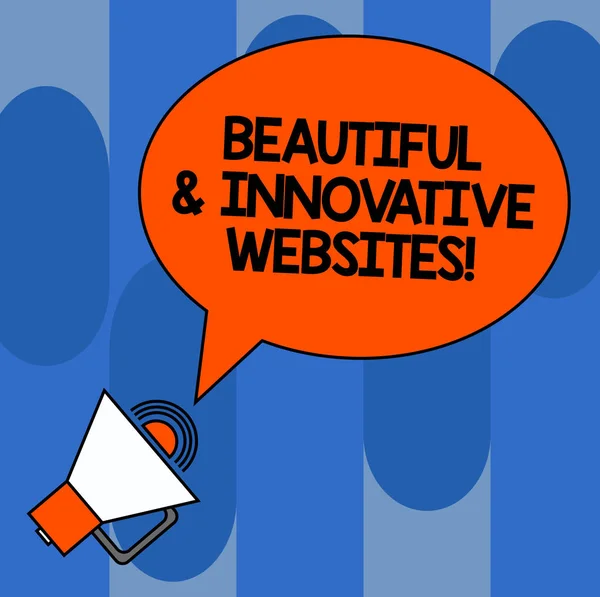 Writing Obs visar vackra och innovativa webbplatser. Företag foto skylta attraktiva utmärkta moderna webbsidor Oval beskrivs tal bubbla Text ballong MegaFon med ljudikonen. — Stockfoto