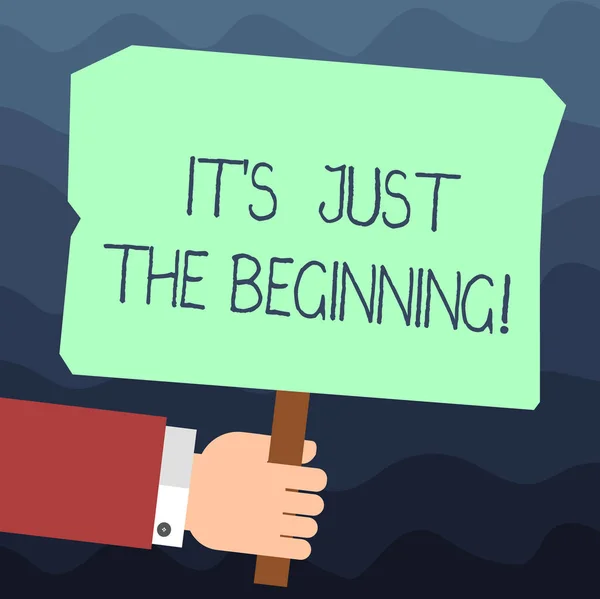 Tanda teks yang menunjukkan "S Is Just The Beginning" Foto konseptual Hanya mulai mengembangkan tujuan persiapan Hu analysis Hand Holding Blank Colored Placard dengan Stick photo Text Space . — Stok Foto