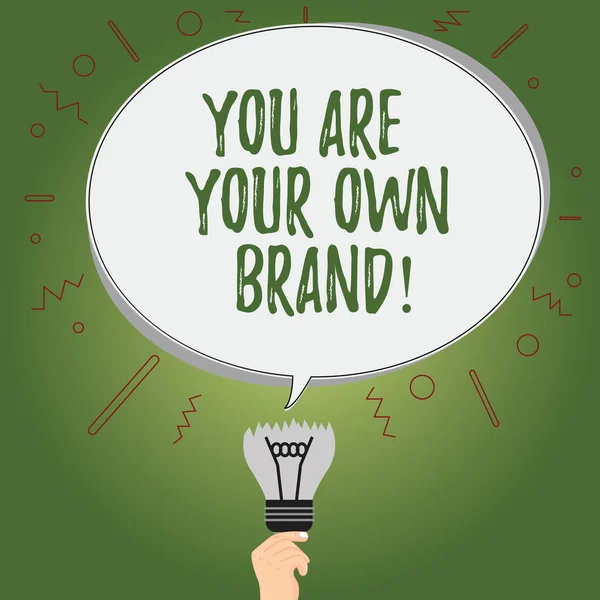 Writing note showing You Are Your Own Brand. Business photo showcasing Perception emotion from other showing about yourself Oval Speech Bubble Above a Broken Bulb with Failed Idea icon.