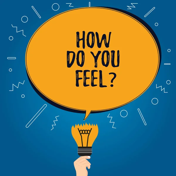 Handwriting text How Do You Feelquestion. Concept meaning Tell us your feelings and demonstratingal emotions Blank Oval Color Speech Bubble Above a Broken Bulb with Failed Idea icon.