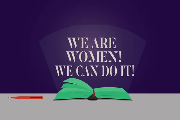 Írás szöveg mi vannak nők mi tud csinál ez üzleti koncepció női hatalom attól nőies erősítése vezető woanalysis színes oldalak nyitott könyv fénykép tábla toll és vakító fény-fény szó. — Stock Fotó