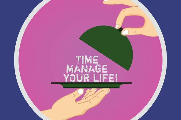 Segno di testo che mostra Time Manage Your Life. Foto concettuale Buona programmazione per le attività quotidiane o di lavoro Analisi Hu Mani Serve vassoio Piatto e sollevamento del coperchio all'interno del cerchio colore . — Foto Stock