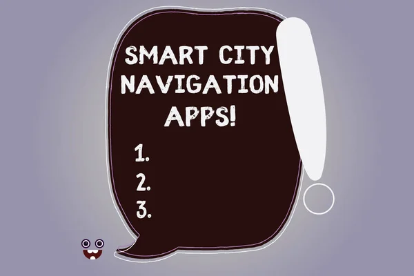 Word writing text Smart City Navigation Apps. Business concept for Connected technological advanced modern cities Blank Color Speech Bubble Outlined with Exclamation Point Monster Face icon.