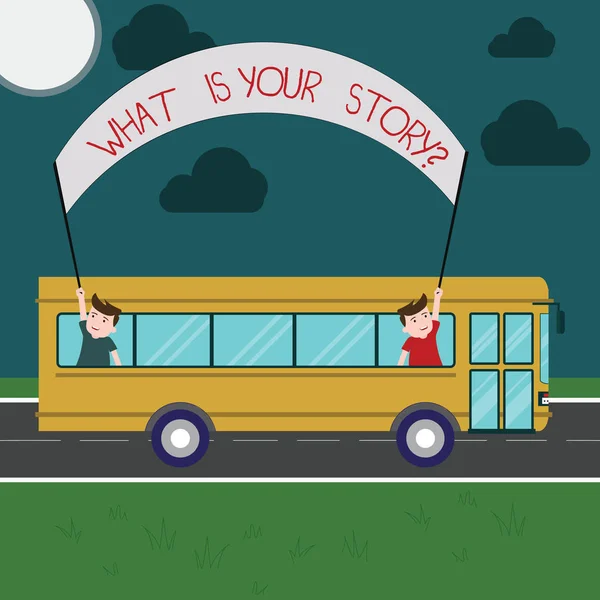 Σύνταξη Σημείωση που δείχνει τι είναι το Storyquestion. Επαγγελματίες φωτογραφία προβάλλοντας Πες μας υπόβαθρο και τη ζωή σας εμπειρίες δύο παιδιά μέσα στο σχολικό λεωφορείο κρατώντας έξω Banner με το ραβδί σε μια ημερήσια εκδρομή. — Φωτογραφία Αρχείου