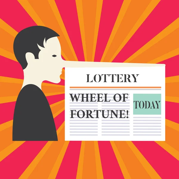 Escrevendo nota mostrando Lottery Wheel Of Fortune. Foto de negócios mostrando Chances boa sorte jogo viciado jogador Homem com um nariz muito longo como Pinóquio um jornal em branco é anexado . — Fotografia de Stock