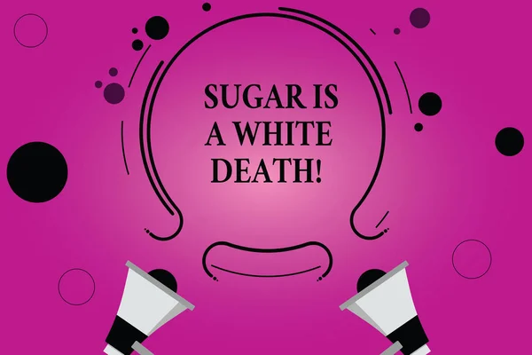 Текстовый знак, показывающий, что сахар это белая смерть. Концептуальное фото Свитс опасное предупреждение диабета нездоровой пищи Два мегафона и круговой контур с маленькими кругами на фоне цвета . — стоковое фото