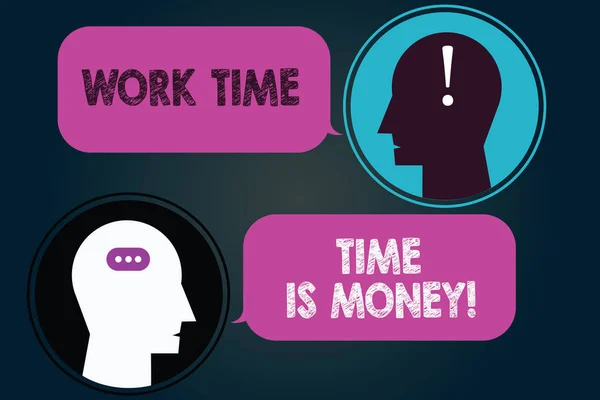 Conceptual hand writing showing Work Time Time Is Money. Business photo showcasing Be fast to accomplish more work efficiently Messenger Room with Chat Heads Speech Bubbles Punctuations. — Stock Photo, Image