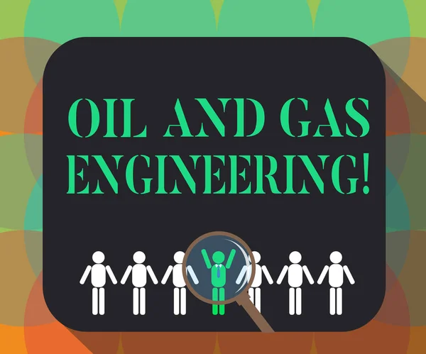 Word writing text Oil And Gas Engineering. Business concept for Petroleum company industrial process engineer Magnifying Glass Over Chosen Man Figure Among the Hu analysis Dummies Line Up. — Stock Photo, Image