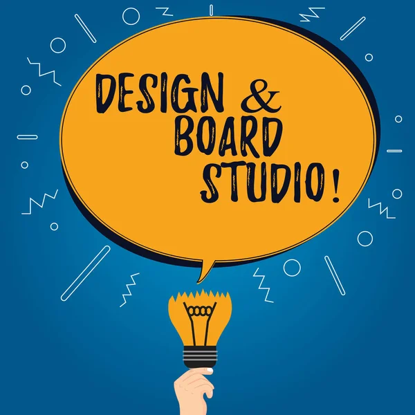 Handwriting text Design And Board Studio. Concept meaning Modern designing space professional office Blank Oval Color Speech Bubble Above a Broken Bulb with Failed Idea icon.