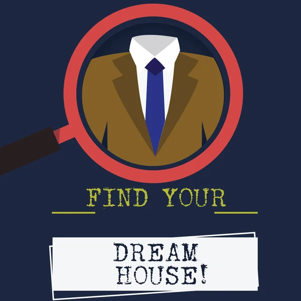 ค้นหาบ้านในฝันของคุณ แนวคิดธุรกิจสําหรับการค้นหาทรัพย์สินที่สมบูรณ์แบบ บ้าน อพาร์ทเม้นท์ ขยายภาพกระจก ขยายการตรวจสอบ Tuxedo และป้ายกํากับด้านล่าง . — ภาพถ่ายสต็อก
