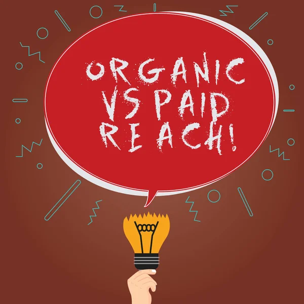 Conceptual hand writing showing Organic Vs Paid Reach. Business photo showcasing Increasing followers naturally or by paying for it Oval Speech Bubble Above a Broken Bulb with Failed Idea icon.