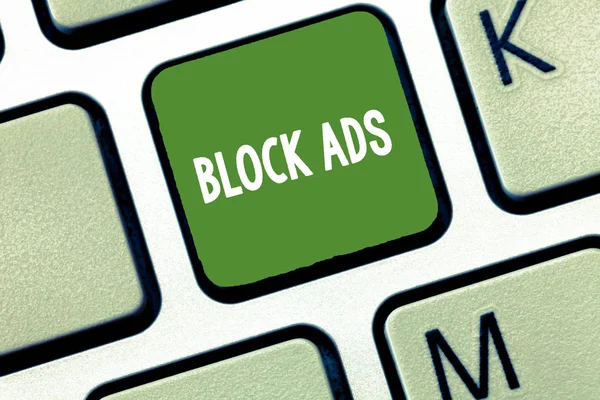 Conceptual hand writing showing Block Ads. Business photo text program that will remove different kinds of advertising from Web Keyboard Intention to create computer message keypad idea. — Stock Photo, Image