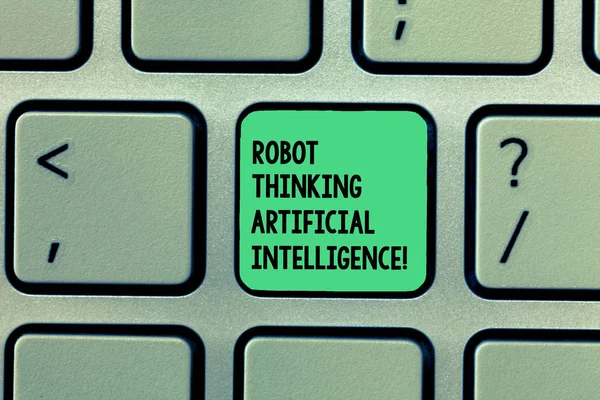 Writing note showing Robot Thinking Artificial Intelligence. Business photo showcasing AI modern futuristic chat bot Keyboard Intention to create computer message keypad idea.