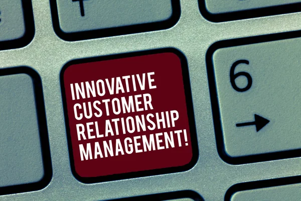 Text sign showing Innovative Customer Relationship Management. Conceptual photo Client positive feedback Keyboard key Intention to create computer message, pressing keypad idea.