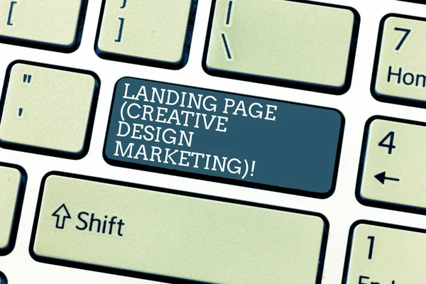 Texto de escritura a mano Landing Page Creative Design Marketing. Concepto significado Página principal publicidad redes sociales Teclado clave Intención de crear mensaje de ordenador, pulsando el teclado idea . — Foto de Stock