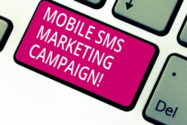Handwriting text Mobile Sms Marketing Campaign. Concept meaning Advertising communication promotion campaign Keyboard key Intention to create computer message pressing keypad idea. — Stock Photo, Image