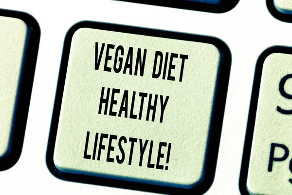 Text sign showing Vegan Diet Healthy Lifestyle. Conceptual photo Healthy lifestyle eating vegetables and fruits Keyboard key Intention to create computer message pressing keypad idea.