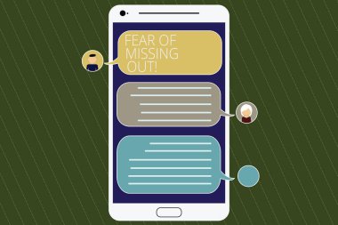 Word metin korku, eksik dışarı yazma. İş kavramı çekinerek bir şey ya da birisi kaybetme için Mobile Messenger ekranı ile sohbet başkanları ve boş renk konuşma balonları vurguladı.