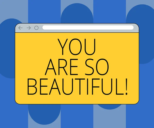 Handgeschreven tekst You Are So Beautiful. Begrip betekenis flirten schoonheid waardering roanalysistic gevoelens beeldscherm met voorwaarts neerwaarts vooruitgang controle Bar lege tekst ruimte. — Stockfoto