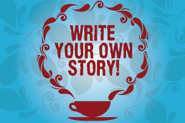 Kendi hikayenizi yazın gösterilen Not yazma. İş fotoğraf vitrine demonstratingal kader ve başarı Kupası ve daire ile Paisley çizmek üstünde boş yer var filigran yazar olmak.