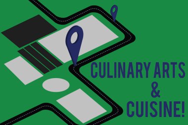 Mutfak Sanatları ve mutfağı gösterilen metin işareti. Kavramsal fotoğraf gurme gıda mükemmel tarifleri yol haritası navigasyon Marker hazırlanıyor Şef yön rota Danışma için 3d Locator Pin.