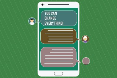 Kavramsal el yazma sen olabilir değişim her şeyi gösteriyor. Senin ellerinde vitrine iş fotoğraf mobil Messenger ekranı sohbet başkanları ve konuşma balonları ile yapmak istediğiniz değişiklikler şunlardır.