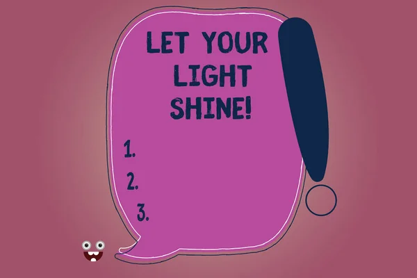 Conceptual hand writing showing Let Your Light Shine. Business photo text Always be brilliant inspiring fabulous positive Blank Color Speech Bubble Outlined with Exclamation Point. — 스톡 사진