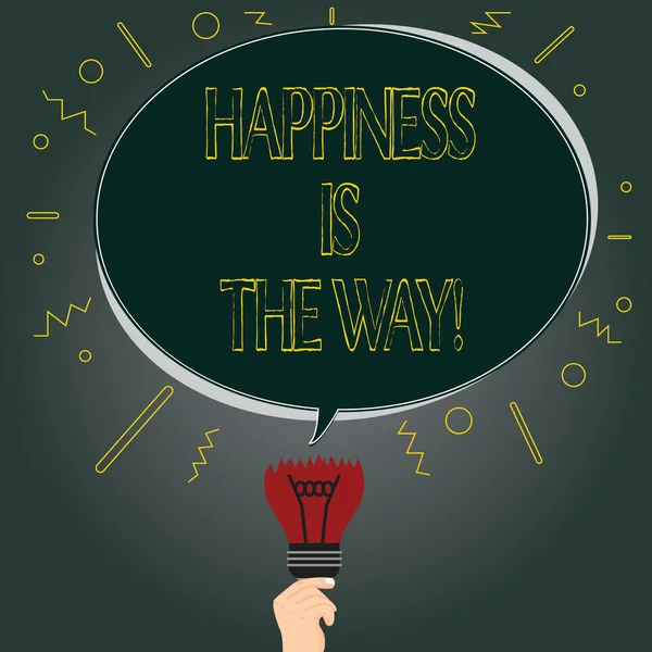 Handwriting text Happiness Is The Way. Concept meaning Always be happy and get to accomplish your goals Blank Oval Color Speech Bubble Above a Broken Bulb with Failed Idea icon.