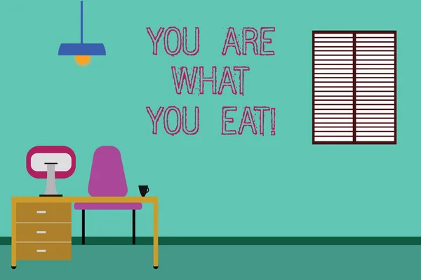 Концептуальный почерк, показывающий, что ты ешь. Имейте здоровый образ жизни заботиться о вашей еде Минималистский интерьер Компьютер и кабинет области внутри комнаты . — стоковое фото
