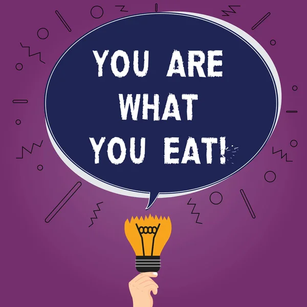 Text sign showing You Are What You Eat. Conceptual photo Have a healthy lifestyle take care of your foods Blank Oval Color Speech Bubble Above a Broken Bulb with Failed Idea icon.