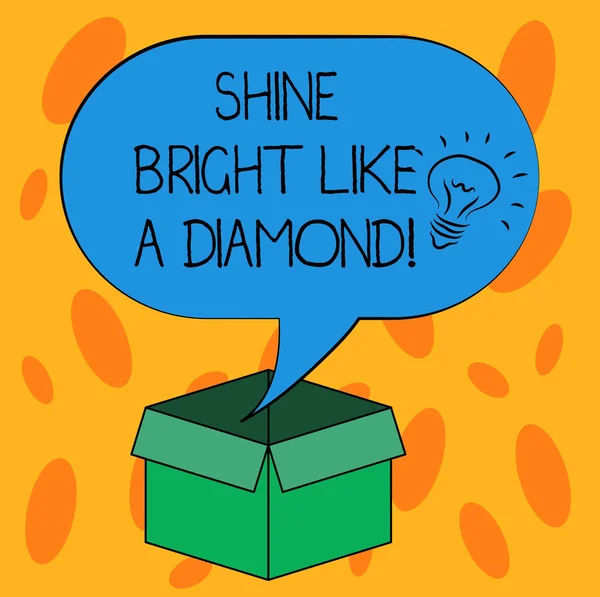 Writing Obs visar Shine Bright som en diamant. Företag foto skylta vara alltid glada lysande glamorösa idé ikonen inuti tom halvton tal bubbla över en öppen kartong. — Stockfoto