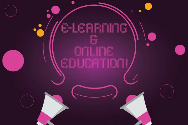 Написання тексту E Learning And Online Education. Концепція бізнесу для дистанційного вивчення онлайн цифрових уроків Два мегафон і круговий контур з маленькими колами на кольоровому тлі . — стокове фото