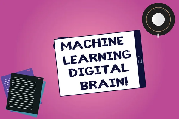 Handwriting text Machine Learning Digital Brain. Concept meaning Artificial Intelligence Digital education Tablet Empty Screen Cup Saucer and Filler Sheets on Blank Color Background.