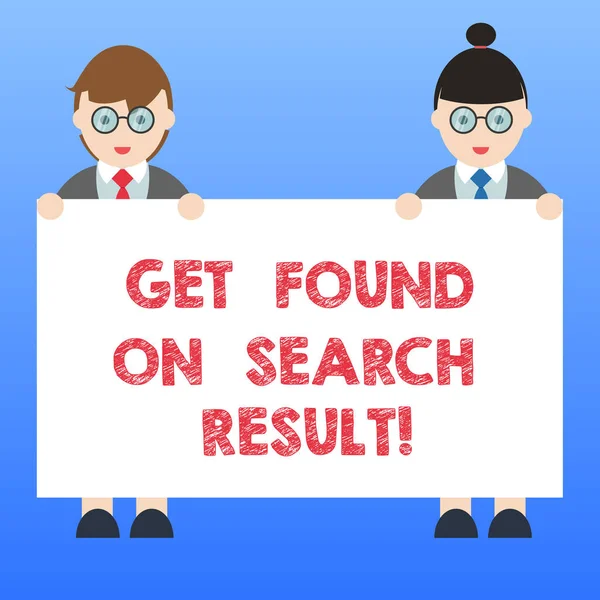 Handwriting text Get Found On Search Result. Concept meaning Search engine optimization good services Male and Female in Uniform Standing Holding Blank Placard Banner Text Space.